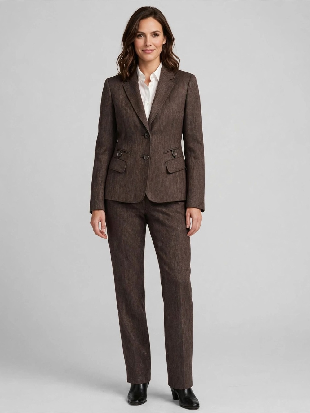 Le Suit Chocolate Brown Two-Button Tailored Pantsuit 4P